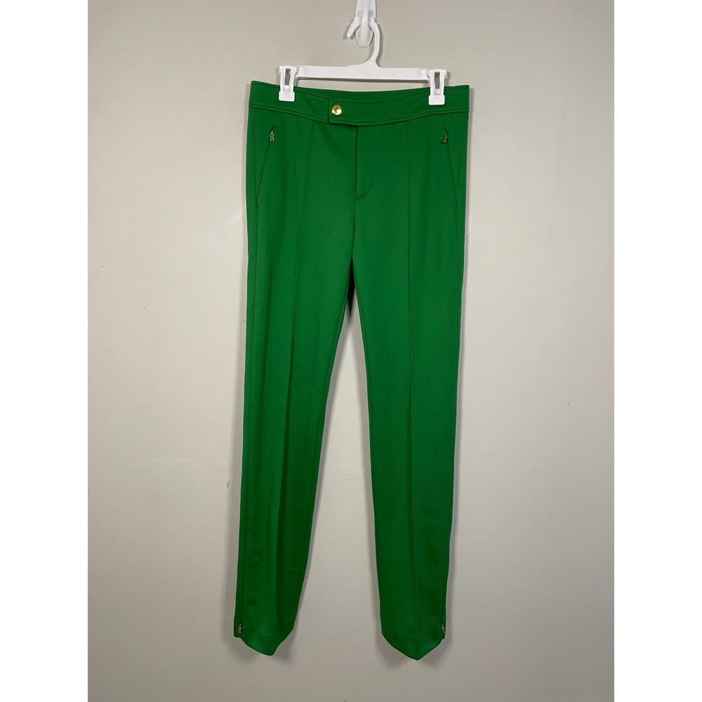 Bogner Green Straight Leg Zipper Ankle Front Pleat Trousers Size 8 Quiet Luxury